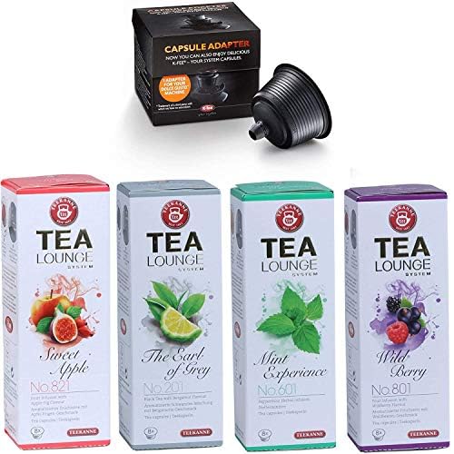 Teekanne Tealounge Tee-Kapsel Set 32 aromatische Tee-Kapseln (4 Sorten je 8 Stück): Mint Experience Sweet Apple The Earl of Grey & Wild Berry + 1x Kapsel-Adapter für Dolce Gusto Maschinen