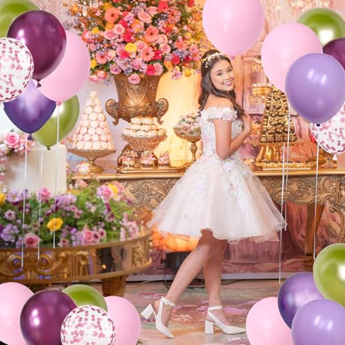 Image of Light Pink Purple Green Balloons Birthday Party Decorations-48Pcs 12inch Assorted Metallic Hot Pink Purple Balloon,Confetti Latex Baloons Kit for Princess Witch Fairy Monster Garden Jungle Theme Party