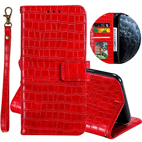 Miagon Crocodile Flip Case for Samsung Galaxy A20/30,Retro PU Leather Wallet Cover with Card Slots Magnetic Kickstand Function Bookstyle Bumper,Red