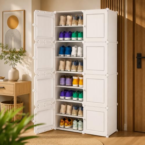 Image of Plastic Shoe Rack for Home with Door | 16 -Shelf DIY Shoe Cabinet Organiser | Stores 32 Pairs | Foldable & Waterproof Shoe Stand for Entryway, Bedroom (White, 16-Layer)