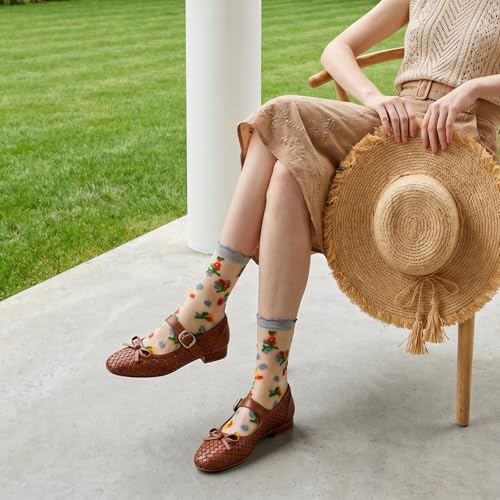 Image of 5 Pack Flower Sheer Socks for Women Ruffle Lace Ankle Socks