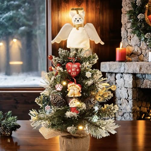 Faux Christmas Tree 14? with Lights and Cat Angel Tree Topper – Includes 7-Piece Cat Ornament Set, Battery-Operated LED Lights, Flocking, Red Berries & Pinecones