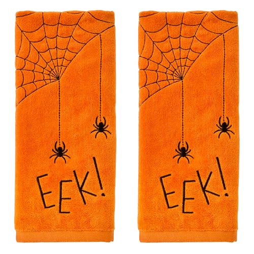 SKL Home Halloween Eek 100% Cotton Embroidered 2pc Hand Towel Set Decorative for Bath/Kitchen/Bar & Gift Orange