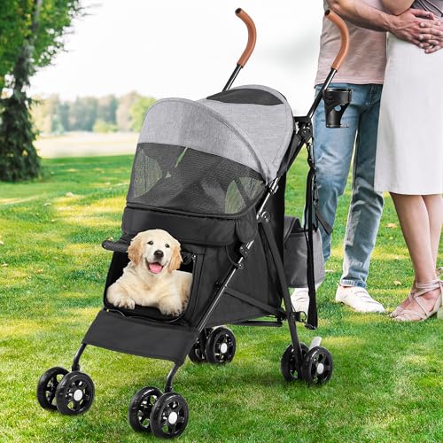 YITAHOME Haustierbuggy für kleine bis mittelgroße Hunde, 4-Rad-Hundebuggy mit Schultergurten, faltbarer Haustier-Reisewagen mit Getränkehalter und Aufbewahrungstasche (Grau Schwarz)