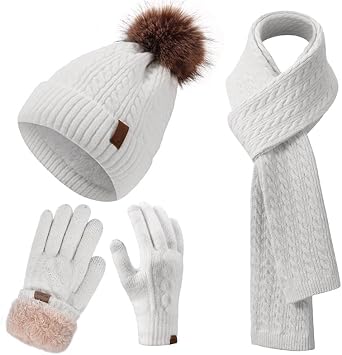 Winter Hat Scarf Gloves Set for Women, Classic Cable Beanie with Removable Pom Pom Long Scarf Touchscreen Gloves 3 in 1 Set