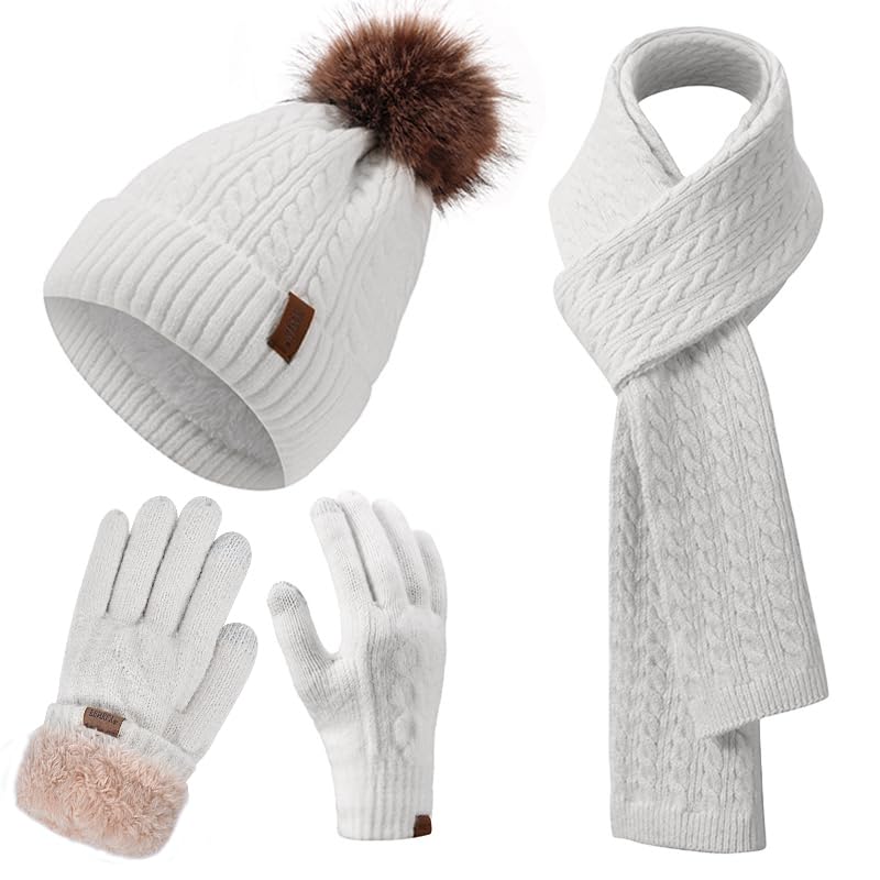 Winter Hat Scarf Gloves Set for Women, Classic Cable Beanie with Removable Pom Pom Long Scarf Touchscreen Gloves 3 in 1 Set