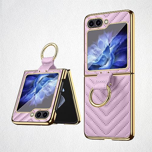 Coque Samsung Galaxy Z Flip 5 en cuir matelassé de luxe avec anneau violet Soyeacrg