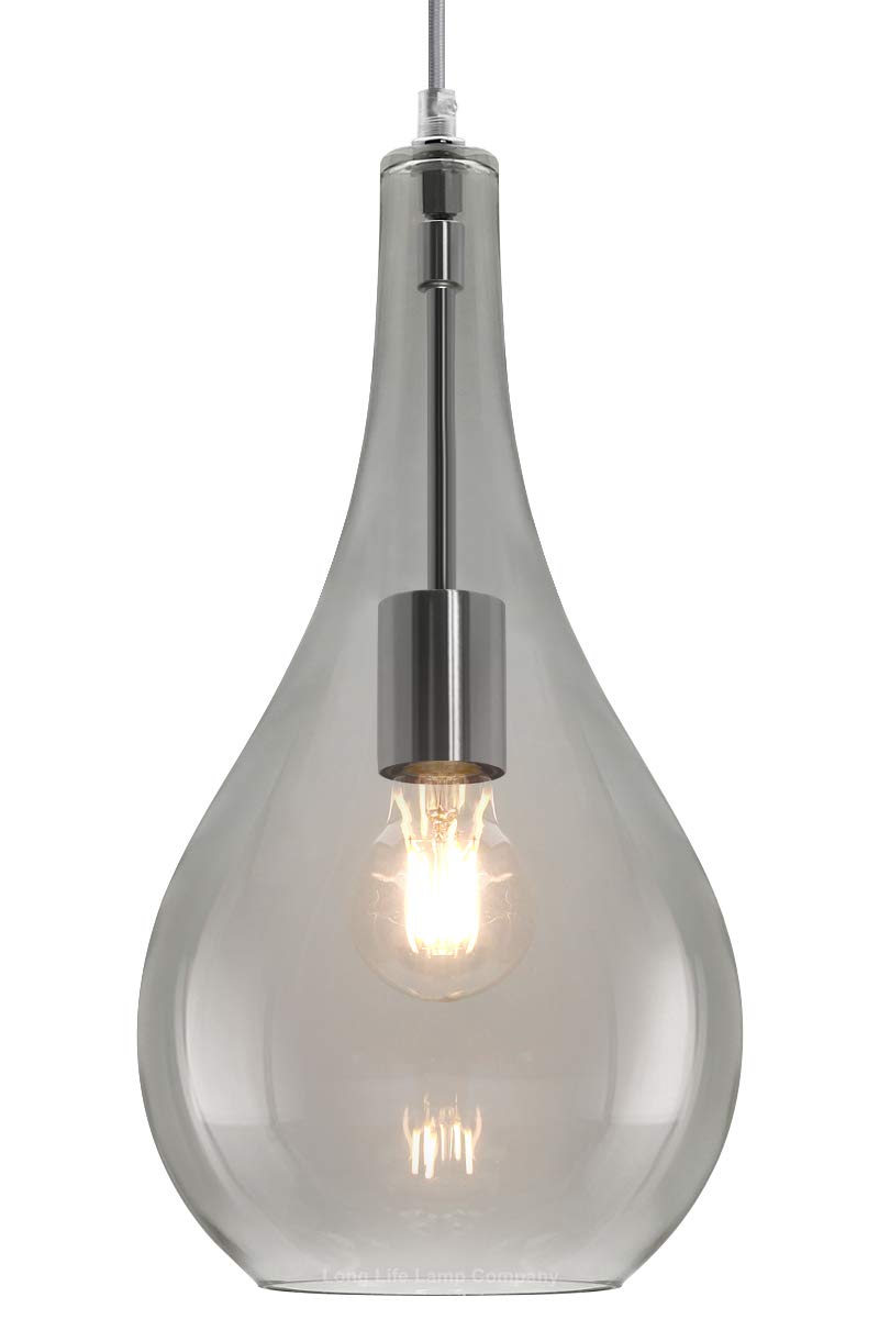Long Life Lamp Company Grey Modern Tear Drop Glass Pendant Light Shade Smoked Retro Chrome Ceiling Lamp Holder M0213