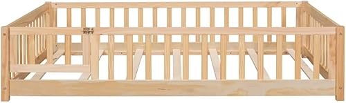 Miniatura 18 de Cama de suelo de tamaño matrimonial, marco de cama Montessori de madera maciza con barandillas en forma de valla y puerta pequeña y listones de
