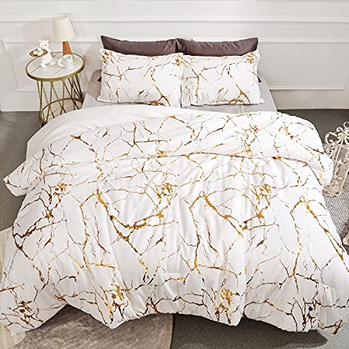 Smoofy Gold White Comforter Queen Bed Set Marble Print Glitter Gold Bedding Set Luxury Shinny White Queen Comforter Set For Men Women Queen Size Bedding Set 3Pcs (1 Comforter, 2 Pillowcases) #TOP2