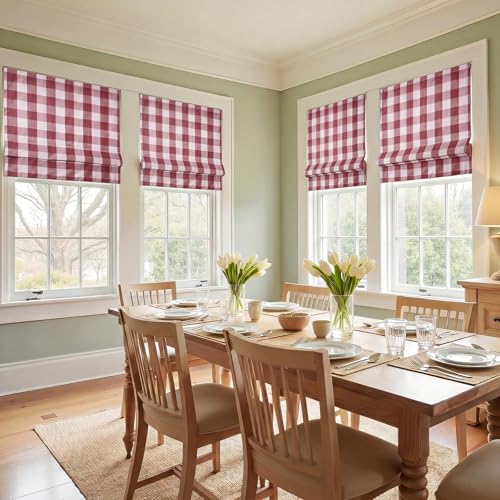 Image of TWOPAGES No Drill Cordless Buffalo Red Plaid Roman Shades Gingham Checkered Roman Blinds for Windows, Customized Room Darkening Blackout Blinds Farmhouse Shades, 1 Piece