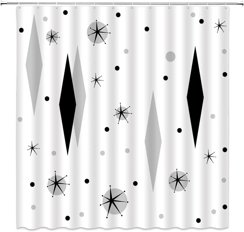 Mid Century Modern Shower Curtain Gray Black Diamond Starbursts ​Atomic Stars Geometric Neutral Minimalist Vintage 1950S 1960S Fabric Bathroom Decor Curtain with Hooks