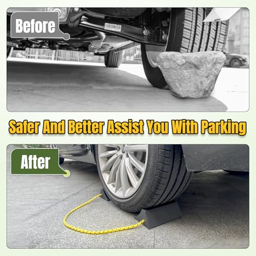 ROBLOCK Upgrade Wheel Chocks for Lightweight Travel Trailer Light Truck Car Tractor, Sturdy Simple Easy to use,Tires Light Block Stopper Chock with Nylon Rope Yellow Reflective Tape (4pack)