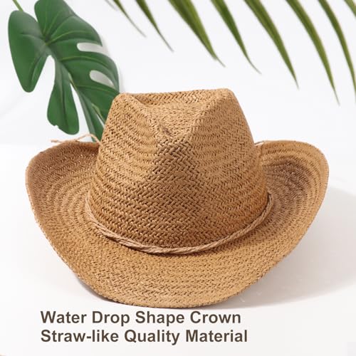 Image of DRESHOW Straw Cowboy Cowgirl Hat for Women Men Western Coastal Cowboy Beach Hat with Shapeable Brim Unisex Rolled up Caps