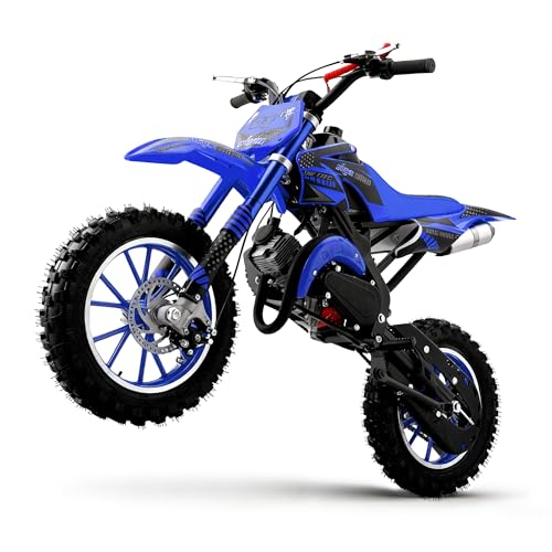 Image of 50cc Dirt Bike, 2 Stroke Gas Mini Bike for Kids 8-14 with Front Rear Disc Brakes, 10 Inch Off-Road Tires, Shock Absorption, Seat Height 23.6in, Max Speed 40mph, 2026 Upgraded (Blue)