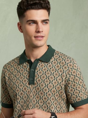 Image of Veirdo Men's Flatknit Printed Half Sleeve Polo T-Shirt with Collared Neck, Loose Comfortable Fit, Casual Style for Office, Travel, (Sizes S to 2XL)