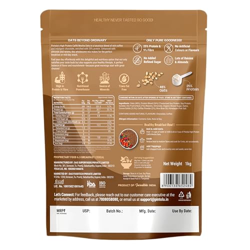 Image of PINTOLA 25g High Protein Oats 1kg, Caffe Mocha, No Refined Sugar, with Almonds & Raisins, High Fibre, Rolled Oats, Breakfast Cereals, Gluten Free (Pack of 3)