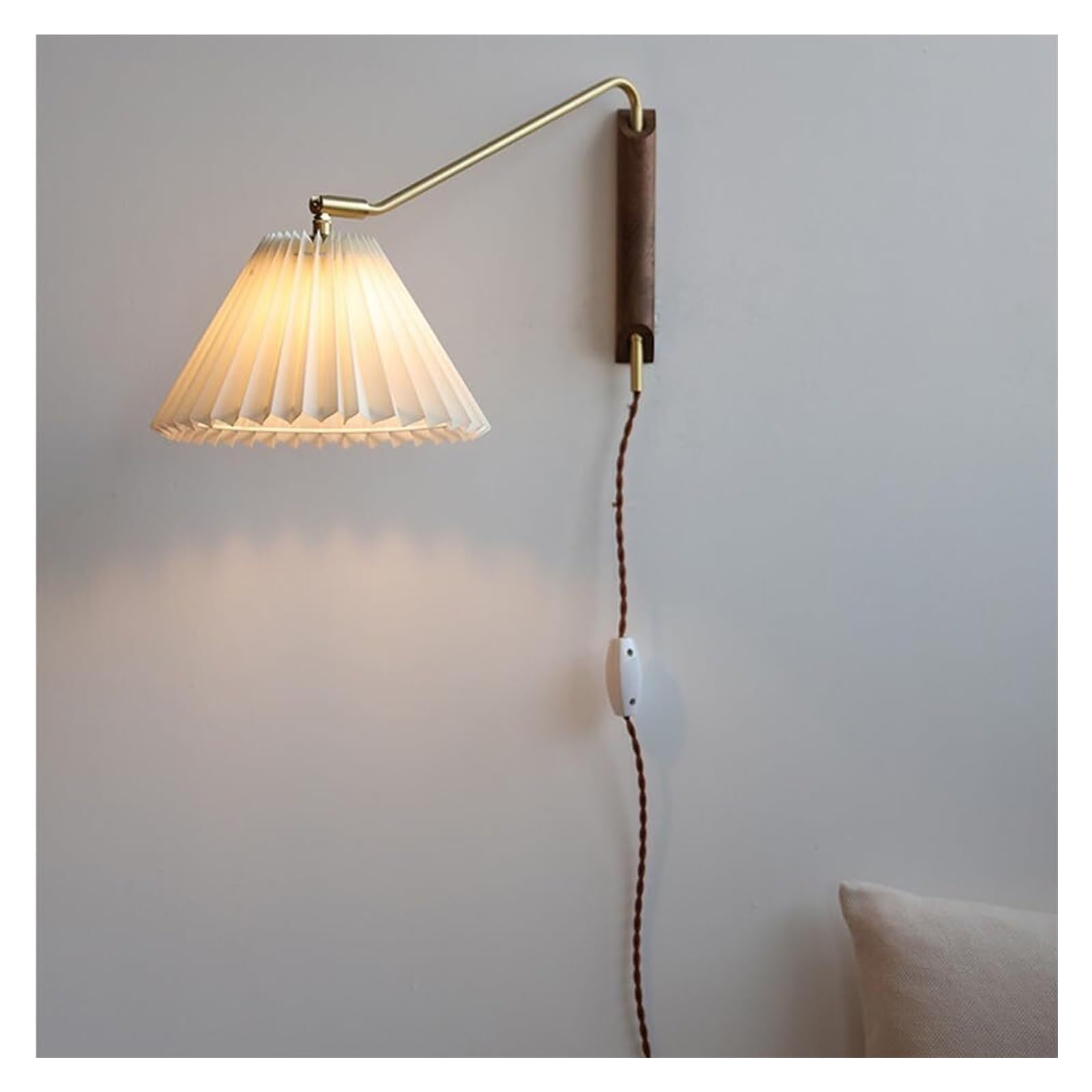 HELCEKOU Swing Arm Plug in Wall Reading Lights for Bedroom Wood Farmhouse Sconce with Pleated Fabric Shade Adjustable Long Nordic Modern Mounted Lamp Bedside Living Room