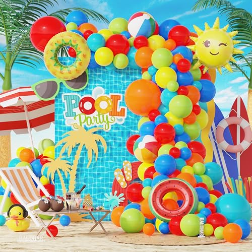 Pool Party Decorations Birthday Supplies Splash Tropical Balloon Garland Arch Kit with Beach Ball Watermelon Pineapple Swimring Balloons for Hawaii Holiday Outdoor Pool Summer Theme Party Decortions