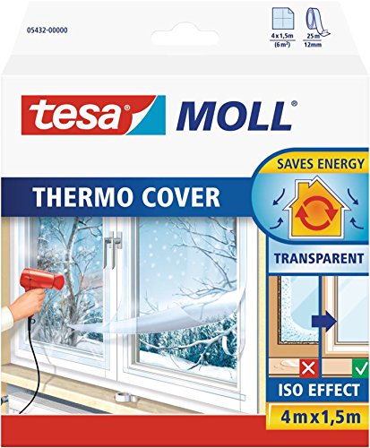 tesamoll Thermo Cover Fenster-Isolierfolie - Transparente Isolierfolie zur Wärmedämmung an Fenstern - Inklusive praktischer Klebelösung - 4 m x 1,5 m (4 m : 1,5 m, Neues Modell)