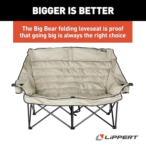 Image of Lippert Big Bear Sand Folding Camping Loveseat with 500-lb. Weight Capacity, Durable Mesh Fabrics, High-Loft Cushioning, Dual Cupholders, Storage Pocket, Zippered Carrying Bag - 2023053718
