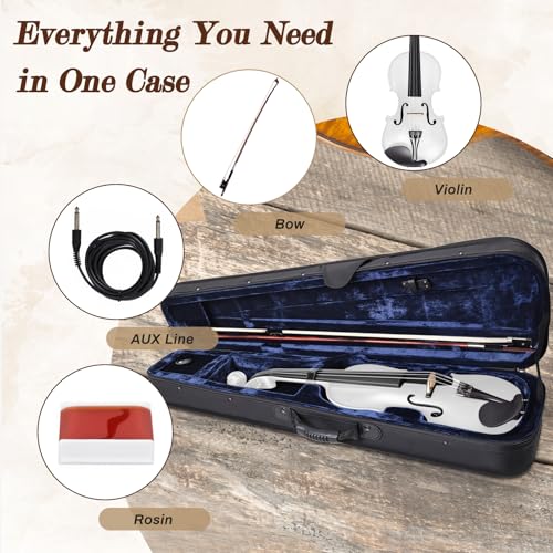 Image of Electric /Acoustic Violin with Ebony Accessories with Carrying Case, Violin Bow, Bridge, Shoulder Rest, Stickers, Tuner, Instruction, Handcraft with Maple, Spruce (White)