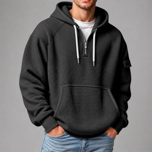 ENCURKUS Mens Quarter Zip Pullover Cozy Waffle Knit Long Sleeve Sweatshirts | Big and Tall Hoodies for Men,Oversized Long Sleeve Drawstring Pullover Tops,Fall Winter Loose Fit Travel Going Out Streetwear - image 2