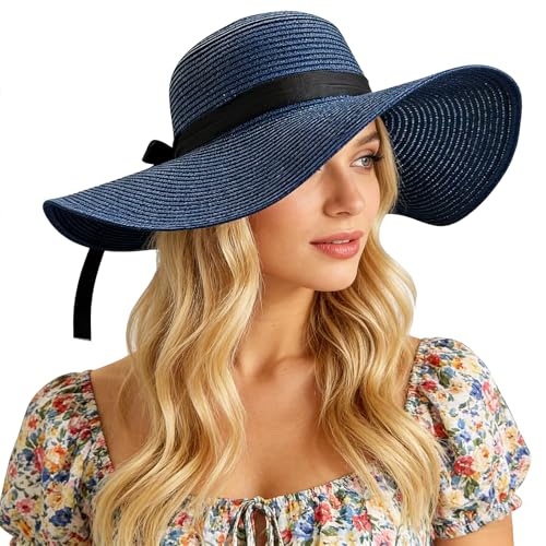 Sombrero de paja para mujer con ala ancha y protección UV miniatura 1