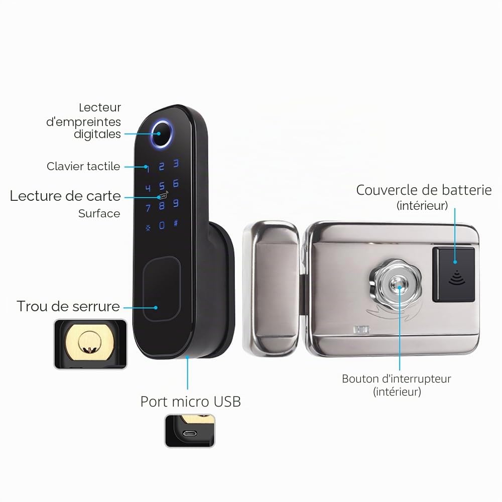 Serrure de porte Wifi Smart Home anti-vol, serrure intelligente à empreintes digitales, serrure de sécurité Bt, télécommande par application, convient pour une épaisseur de porte de 38 à 70