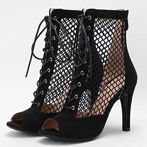 SHEMEE Women's Peep Toe Mesh Stiletto High Heels Ankle Boots Lace Up Summer Fishnet Open-toe Sandals Booties with Back Zipper3