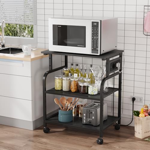 OYRREU 3-stufiger Druckertisch mit Steckdose und USB-Anschlüssen, verstellbare Einlegeböden, rollender Druckerständer für das Heimbüro, 3D-/Laserdrucker, Heißpresse (Schwarz)