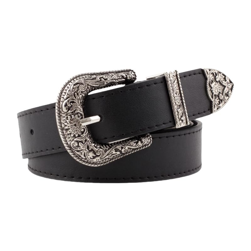 Xiao Hua Unisex Classic Leather Jean Belt with Vintage Ornate Buckle, 46.45in(118cm) Length, Ideal for Daily & Casual Wear(Black