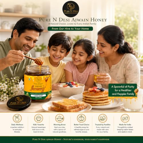 Image of PURE N DESI 100% Pure Organic Honey - 250g | Row Honey for Fitness & Health | Natural Immunity Booster | 100% Indigenous | Rich in Antioxidants & Minerals | Raw & unfiltered Ajwain honey in a premium glass jar with rich aroma and naturally sweet taste for everyday use.