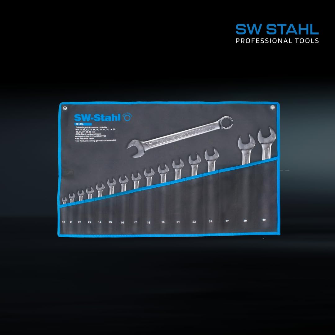 SW-Stahl Juego de Llaves Combinadas, 10-32 mm, 16 Piezas 00163L | Herramientas Profesionales de Acero al Cromo Vanadio para Taller y Mecánica, Estuche de Almacenamiento Incluido