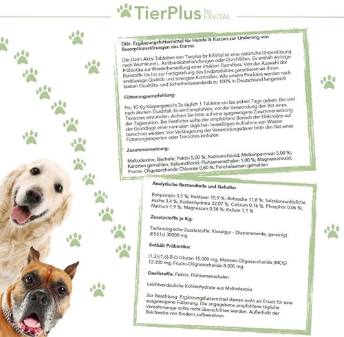 EXVital TierPlus Darm Aktiv Tabletten für Hunde & Katzen, Präbiotika Komplex für eine gesunde Darmflora- Nach Durchfall, Wurmkur, Antibiotika & Magen-Darm Infekten, 120 Tabletten, Made in Germany