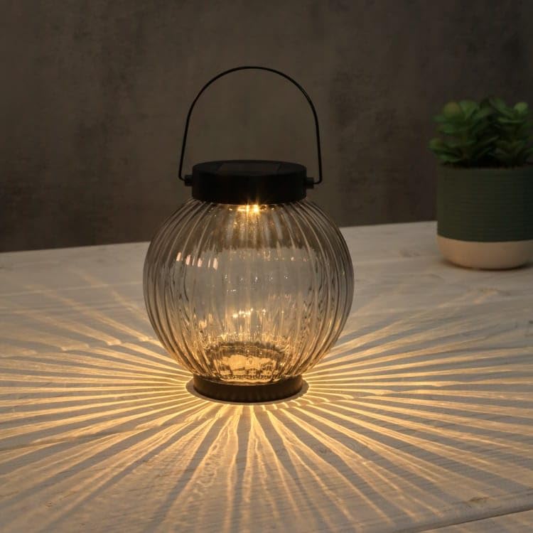 Solar Powered Ribbed Glass Lantern Outdoor Light – Solar Hanging Lantern with Warm LED Glow, Ribbed Glass Design, Decorative Garden Patio Pathway Table Lamp for Home, Yard & Camping Use A119 (Black)