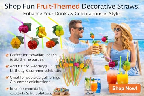 Image of Decorative Drinking Straws with Tropical Fruit and Umbrella Picks, Bendable Cocktail Straws for Party (Multicolor Fruit Theme Straw, Pack of 50pcs)
