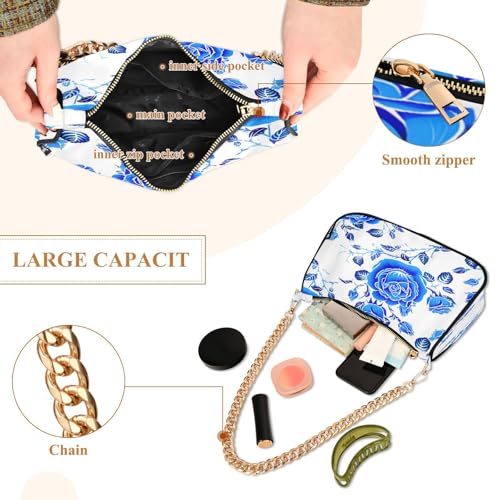 Shoulder Bag for Women Blue Roses White Tote Handbag Crossbody Bag with Zipper Closure4