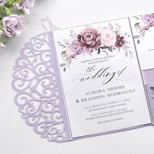 Adasbridal AB-IV-2307-PURPLE Wedding Invitations With Envelopes And Rsvp Cards 50Pcs Purple Laser Cut Invitation Blank Cards And Envelopes Seals Rsvp Cards thumb #2