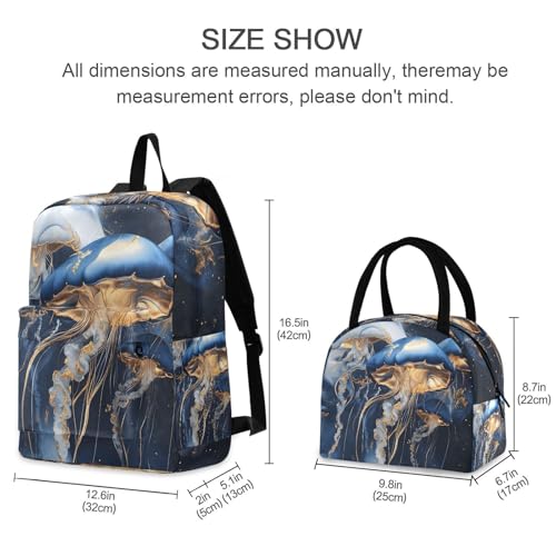 Backpack Lunch Box Set Large Capacity Travel Backpacks and Insulated Lunch Bag for Commute Hiking Picnic Luxurious Jellyfish Print2