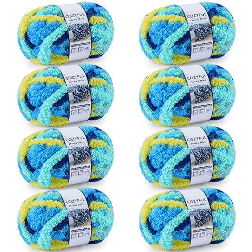 Image of Cozyful Chunky Yarn for Hand Knitting - #10 Chunky Chenille Blanket Yarn, Jumbo Big Thick Chunky Yarns for Crocheting, Tie Dye Bulky Knit Yarns, 8 Skein (20 yds 8 oz Each Skein), Multi Blue & Yellow