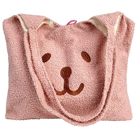 Women Autumn Winter Fuzzy Embroidery Bear Shoulder Bag Plush Handbag Fluffy Bucket Bag (Pink) Cover