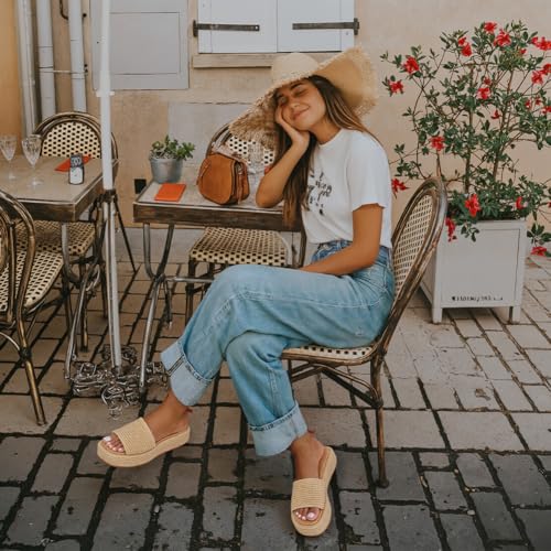 Image of Erocalli Platform Sandals Women Cute Wedge Espadrilles Slip on Summer Beach Raffia Vacation Sandal Comfortable Open Toe Dressy Shoes