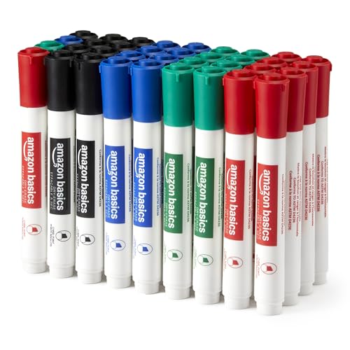 Image of Amazon Basics Low-Odor Dry Erase Whiteboard Markers, Chisel Tip, Quick-Dry, 4 Assorted Colors, 36-Pack