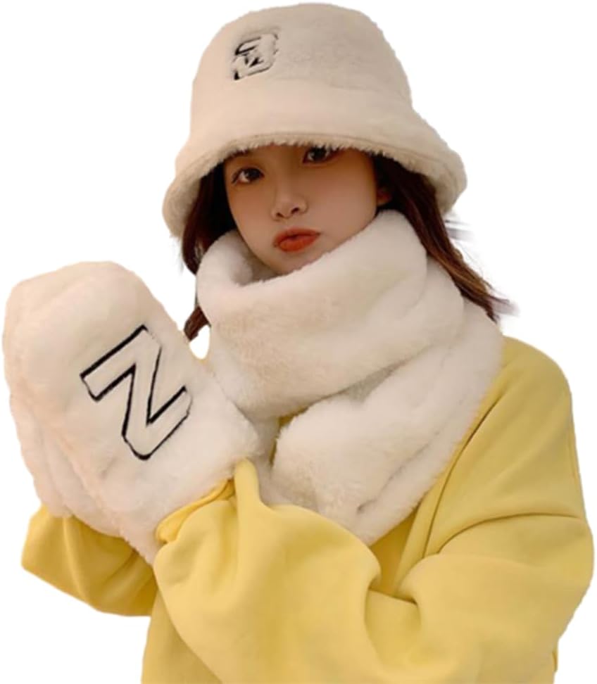 Scarf,Beanie Gloves Scarf Set Cute Bucket Hats For Teens Girls Fuzzy Bucket Hat Fisherman Hat Lady Winter Warm Scarf(Onecolor)