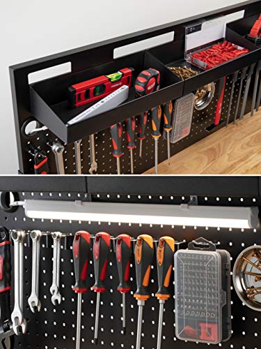 Meister Werkbank 1400 x 1140 x 610 mm - 200 kg Tragkraft - Vier Schubladen, Lochrückwand & drei Ablagefächer - Mit LED-Arbeitsleuchte & integrierter Steckdosenleiste - Aus Stahl / Werktisch / 9079700