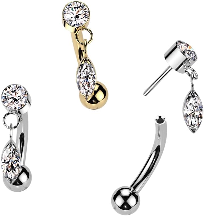 Pierced Owl 16GA ASTM F-136 Implant Grade Titanium Threadless Push-In Dangling CZ Crystal Marquise Eyebrow Curved Barbell