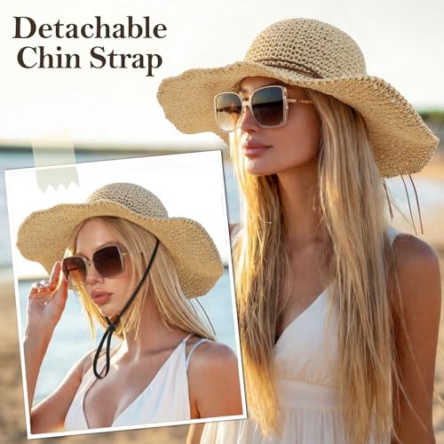 Image of Beach Sun Straw Hats for Women, Floppy Wide Brim Summer Straw Hats, Foldable Packable Roll up Cap