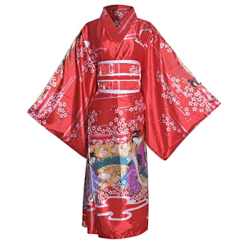 HUAHUA Kimono Costume Floral Print Geisha Long Robe Japanese Bathrobe Sleepwear Belt with Bow Outfit
