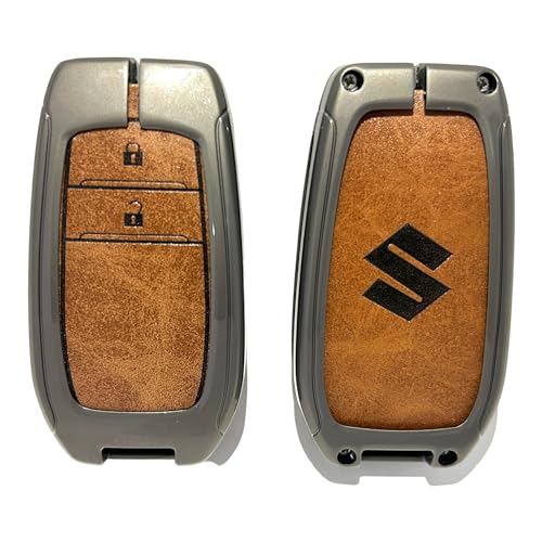 Image of Zinc Metal Alloy Leather Car Key Cover & Case Brown with Keychain & Holder Compatible for Maruti Suzuki Invicto (2 Button Push Smart Key)